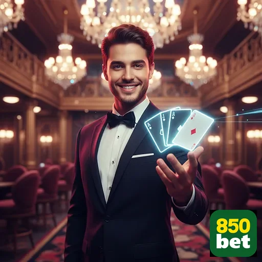 Croupier da 850bet com cartas em ambiente luxuoso.