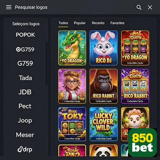 Interface da 850bet com opções de slots populares disponíveis.