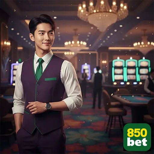 Atendente da 850bet em um ambiente de cassino elegante.
