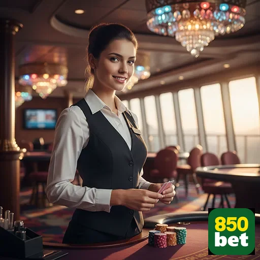 Funcionária da 850bet em cassino com fichas de aposta.