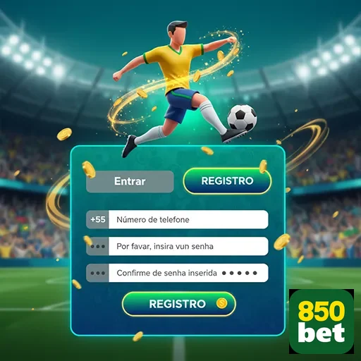 Tela de registro da 850bet com jogador de futebol em ação.