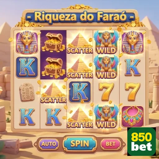 Tela do jogo 'Riqueza do Faraó' no 850bet com símbolos.